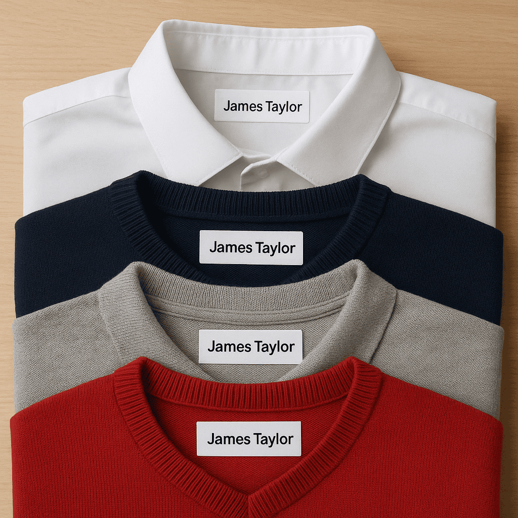 White dress shirt with collar for formal office wear, styled with variety of colors and textures of pullovers, professional clothing, branding, clothing labels, James Taylor, apparel, business attire, fashion, wardrobe essentials.