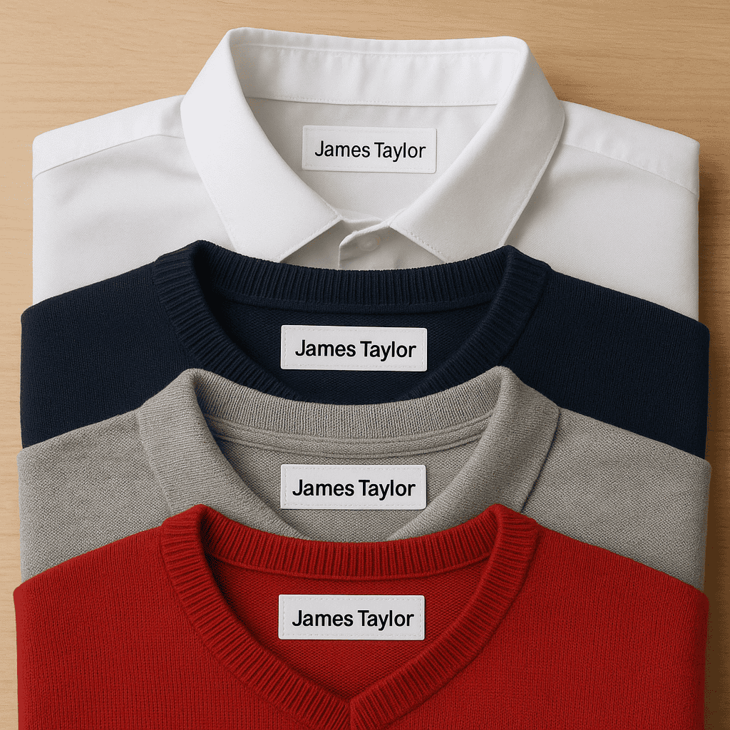 Neatly laid out school jumpers all labelled