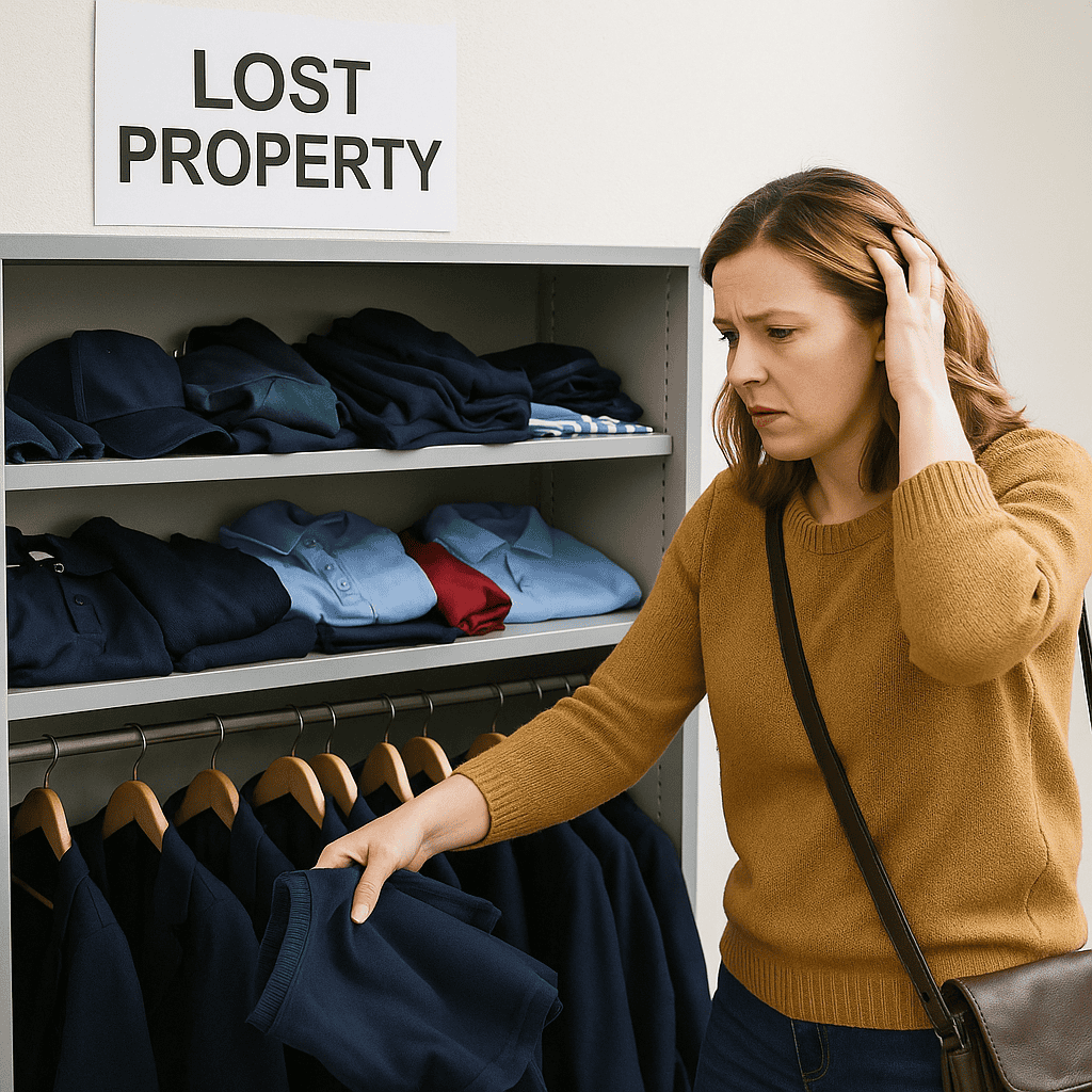 Lost property office, woman looking for her missing jacket in a lost item storage area at school or workplace, with clothing racks and shelves of folded clothes in background.