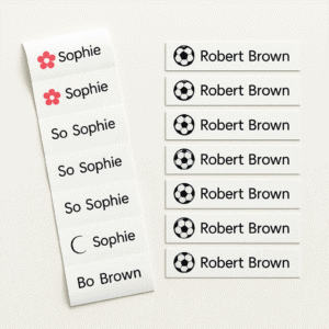 Labels for custom name tags and badges, showcasing various font styles and designs for personalized event identification and branding solutions at Labelfy.co.uk.