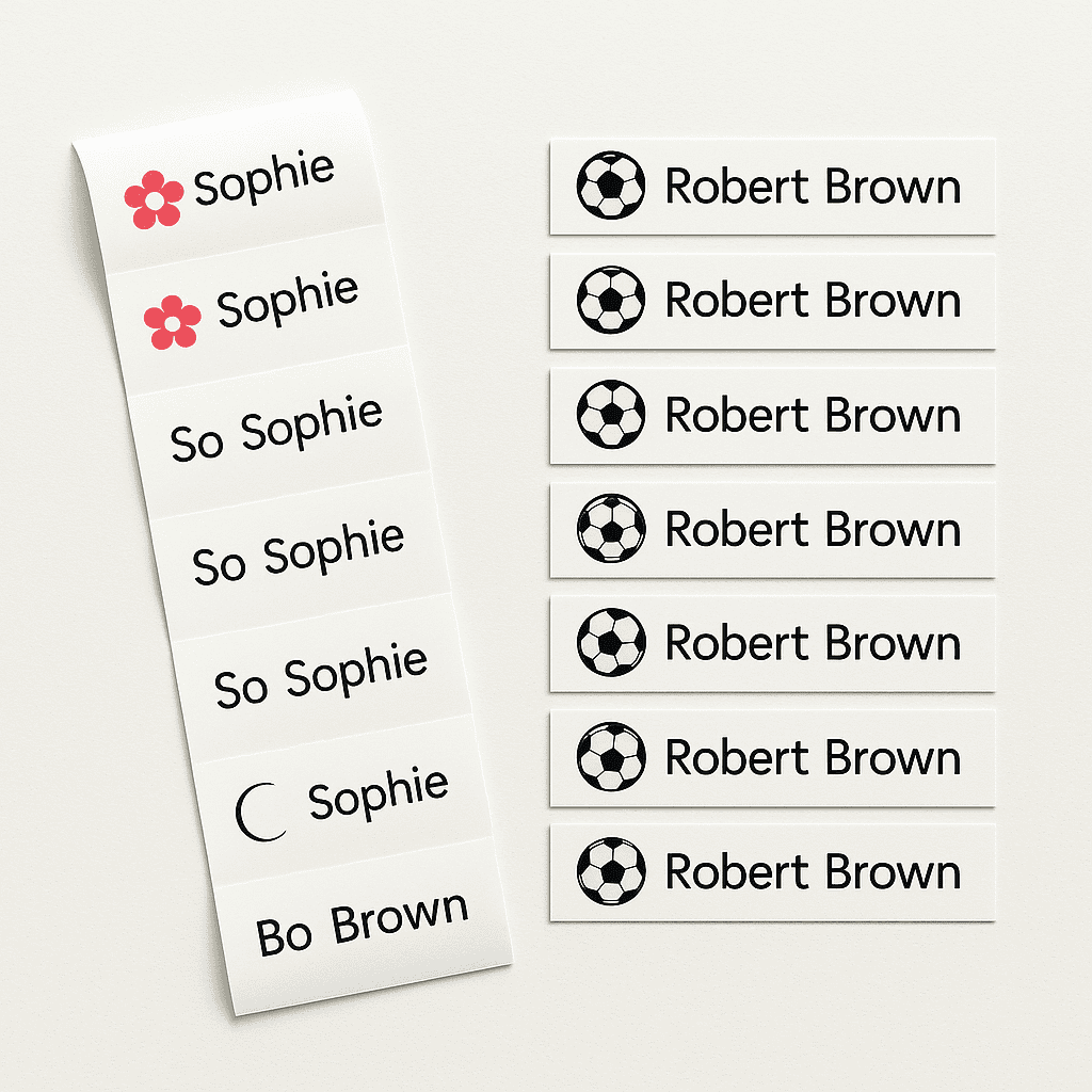 Labels for custom name tags and badges, showcasing various font styles and designs for personalized event identification and branding solutions at Labelfy.co.uk.
