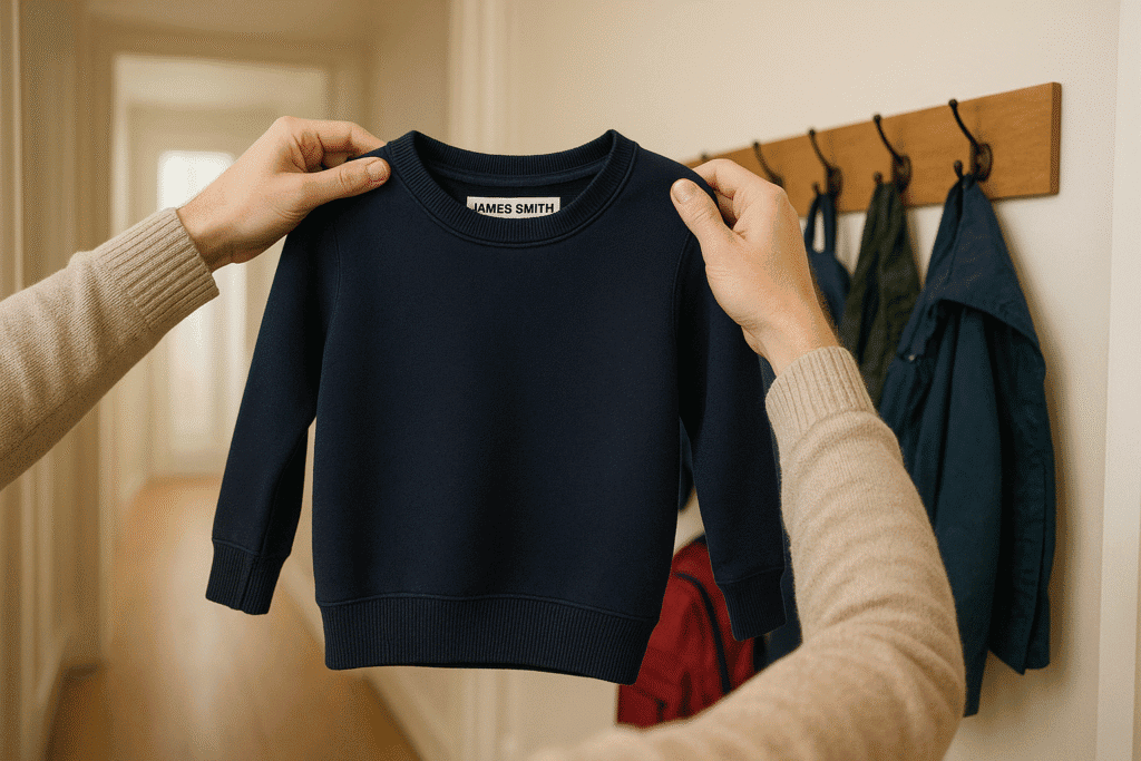 Image of a person holdingg up a school jumper that is clearly labelled seen from the 1st person view. Inthe background coats and bags are haning on hooks..